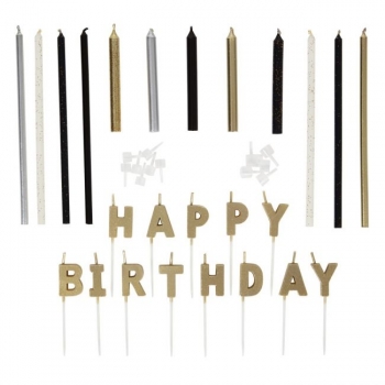 Kerzen Set - Happy Birthday / Schwarz Gold Silber